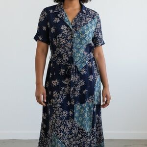 Nanette Lepore Navy and Teal Floral Patchwork Midi Dress